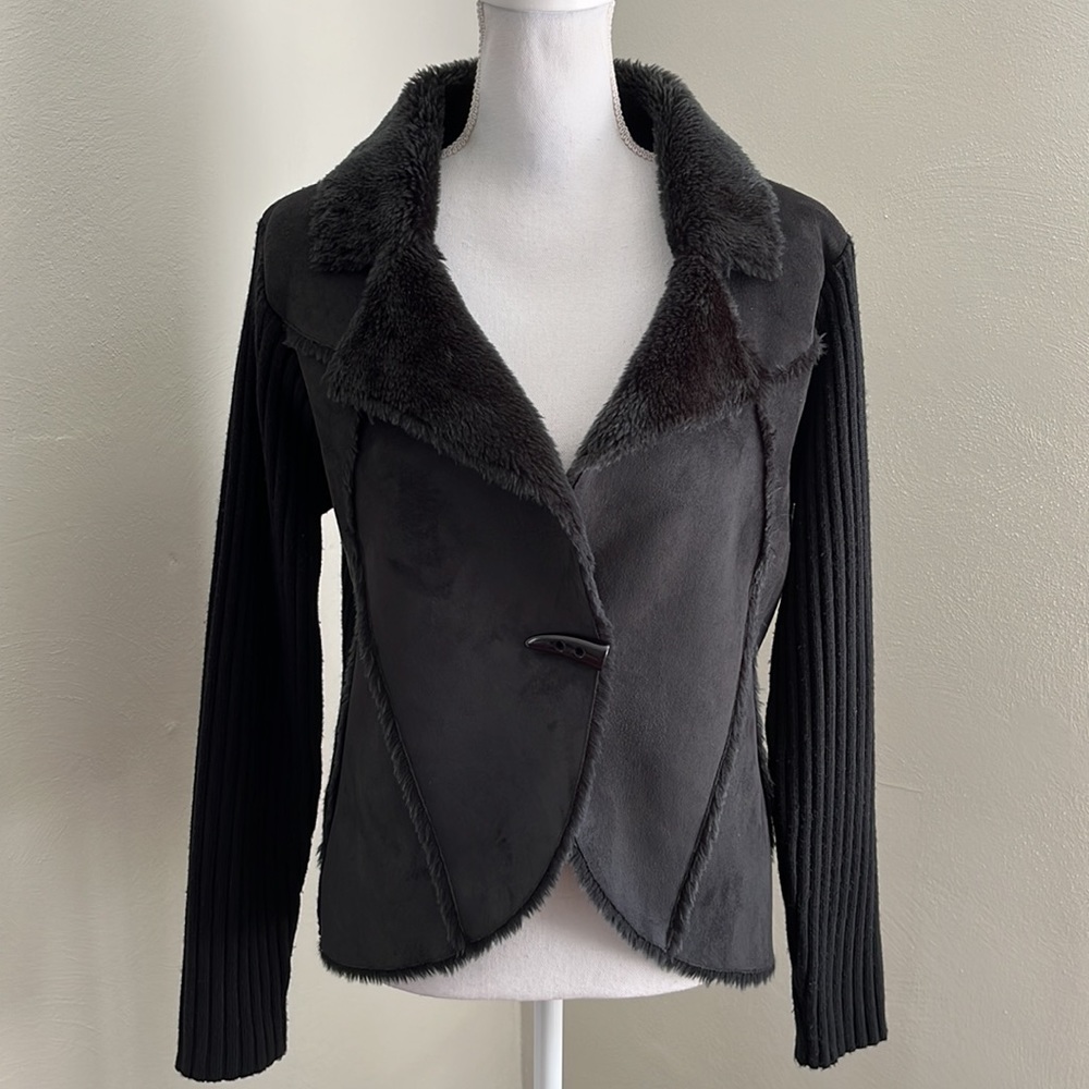 Y2K Faux Fur Collar Faux Suede Ribbed Knit Jacket